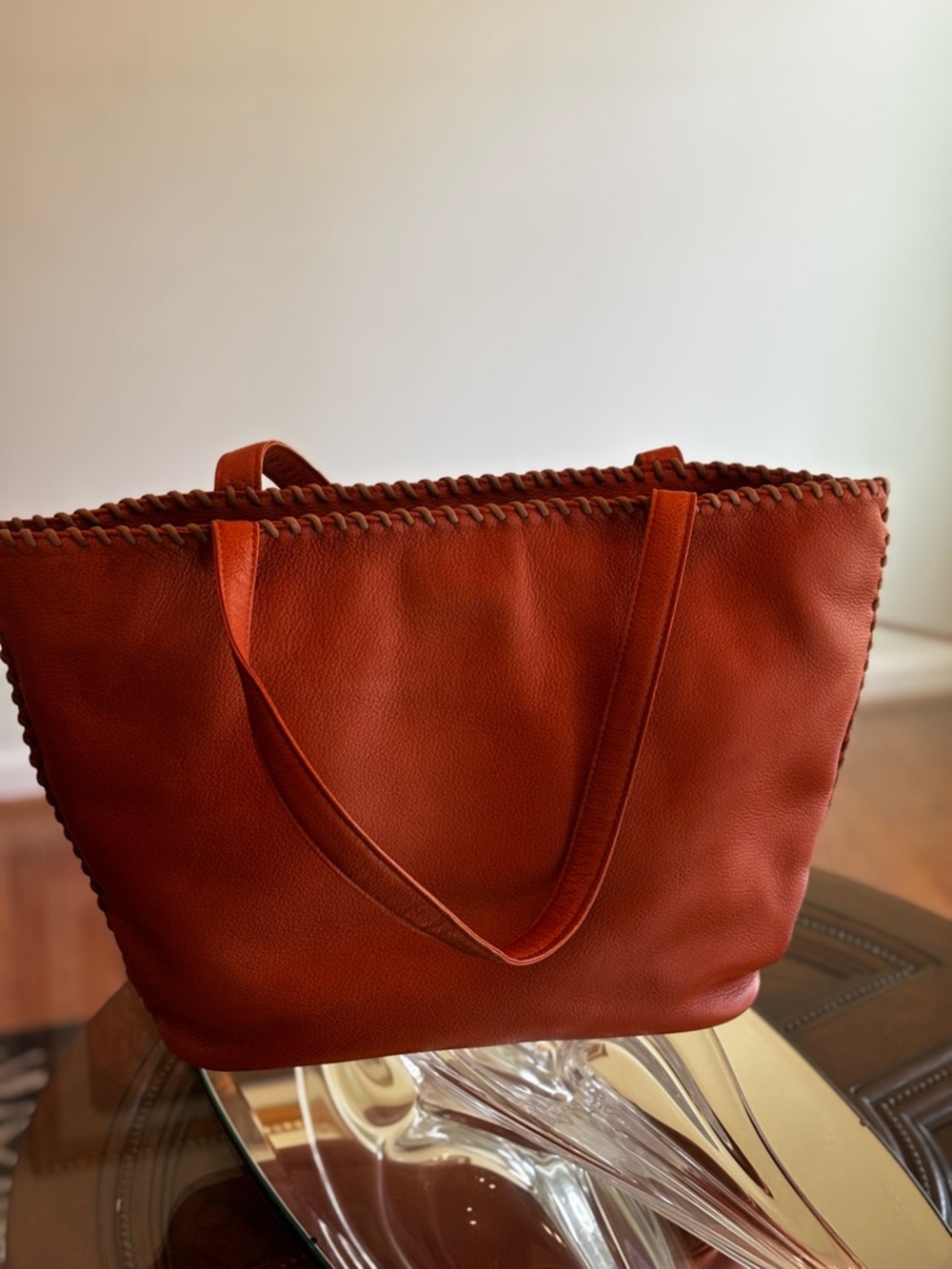Yves Saint Laurent Burnt Orange Leather Tote with Whipstitch Trim